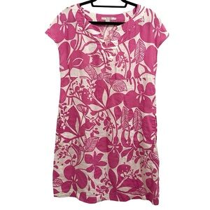 BODEN, Linen Dress, Floral, Short Sleeve, Pink, White, Size 14R